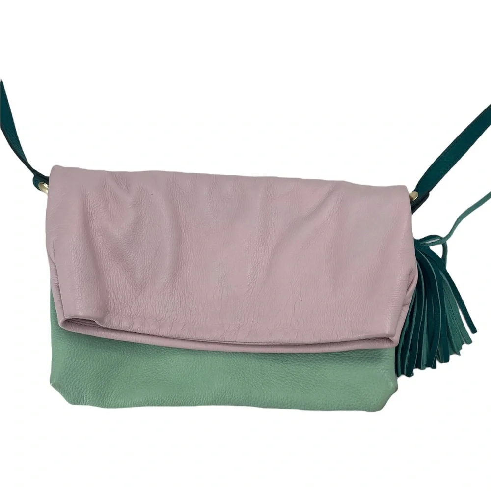 J Crew Leather Crossbody / Clutch with Pink & Green Color block and Fold Over - Picture 10 of 11